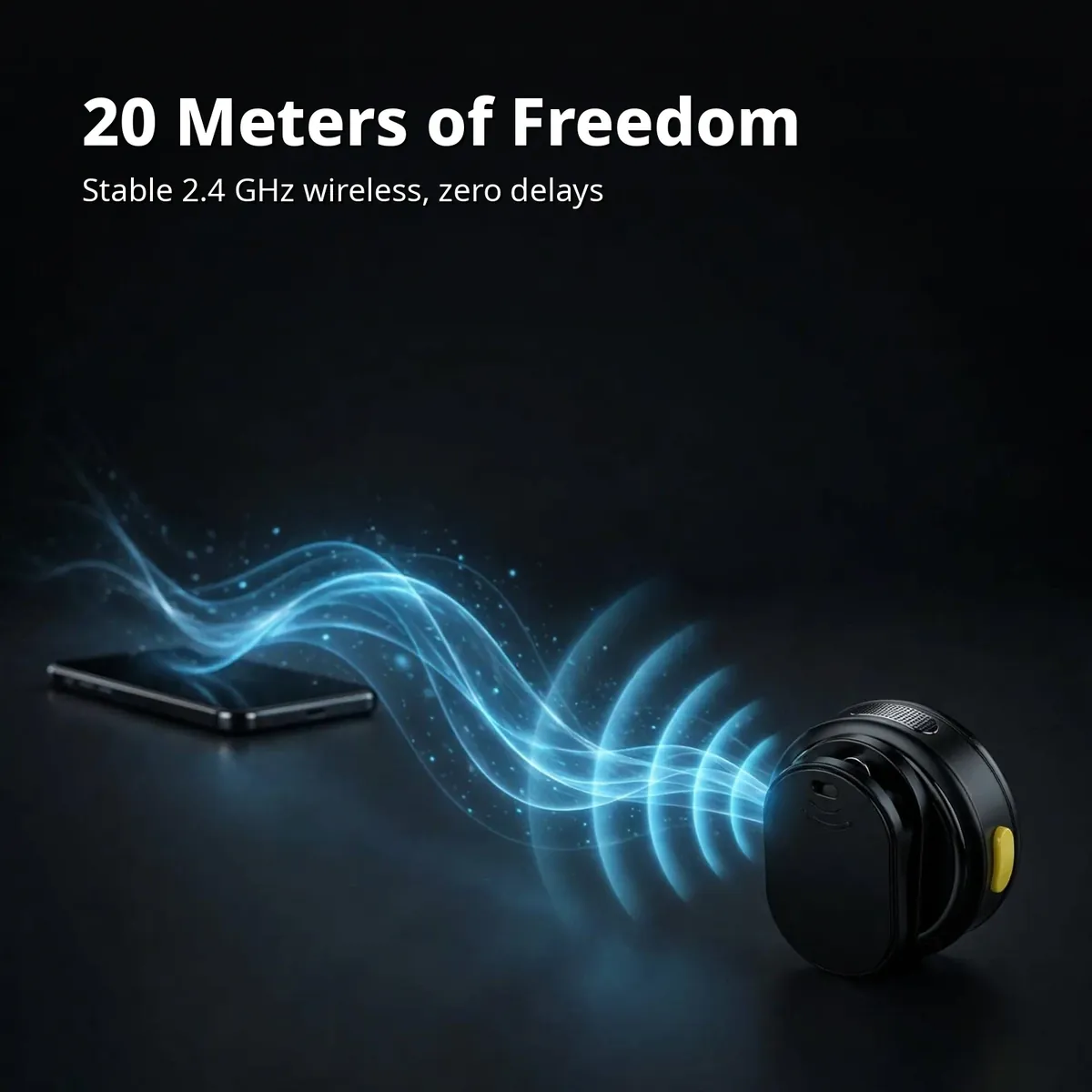 Hoco L22 wireless range card showing a mic with blue signal waves — 20 Meters of Freedom headline on dark studio backdrop
