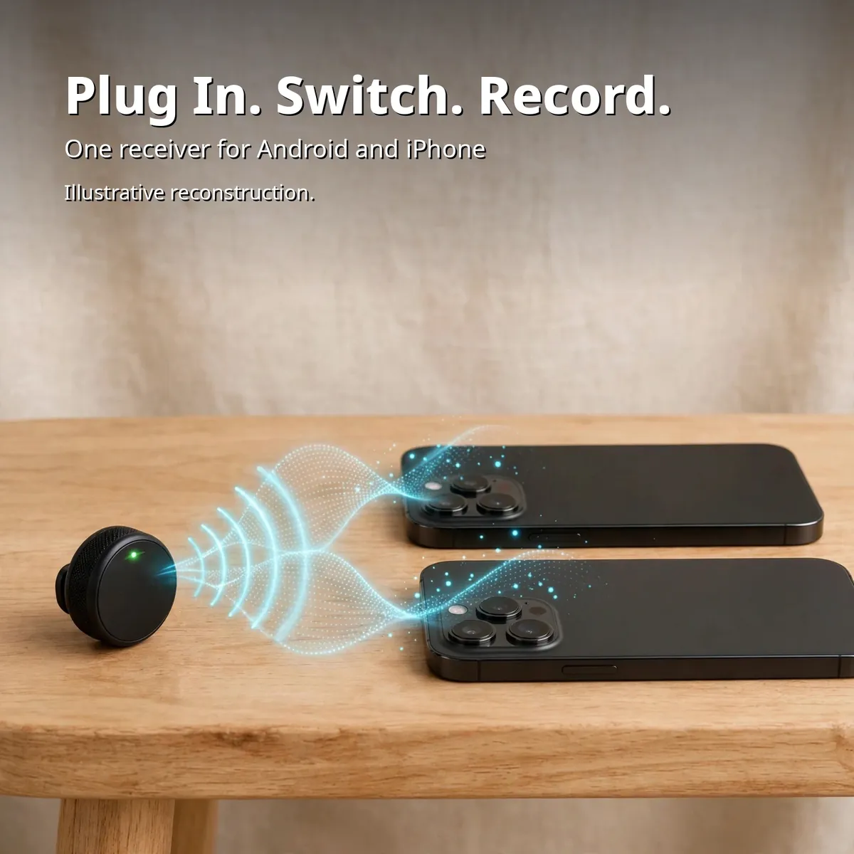 Hoco L22 connectivity infographic showing a mic linking wirelessly to two phones — Plug In Switch Record — illustrative reconstruction