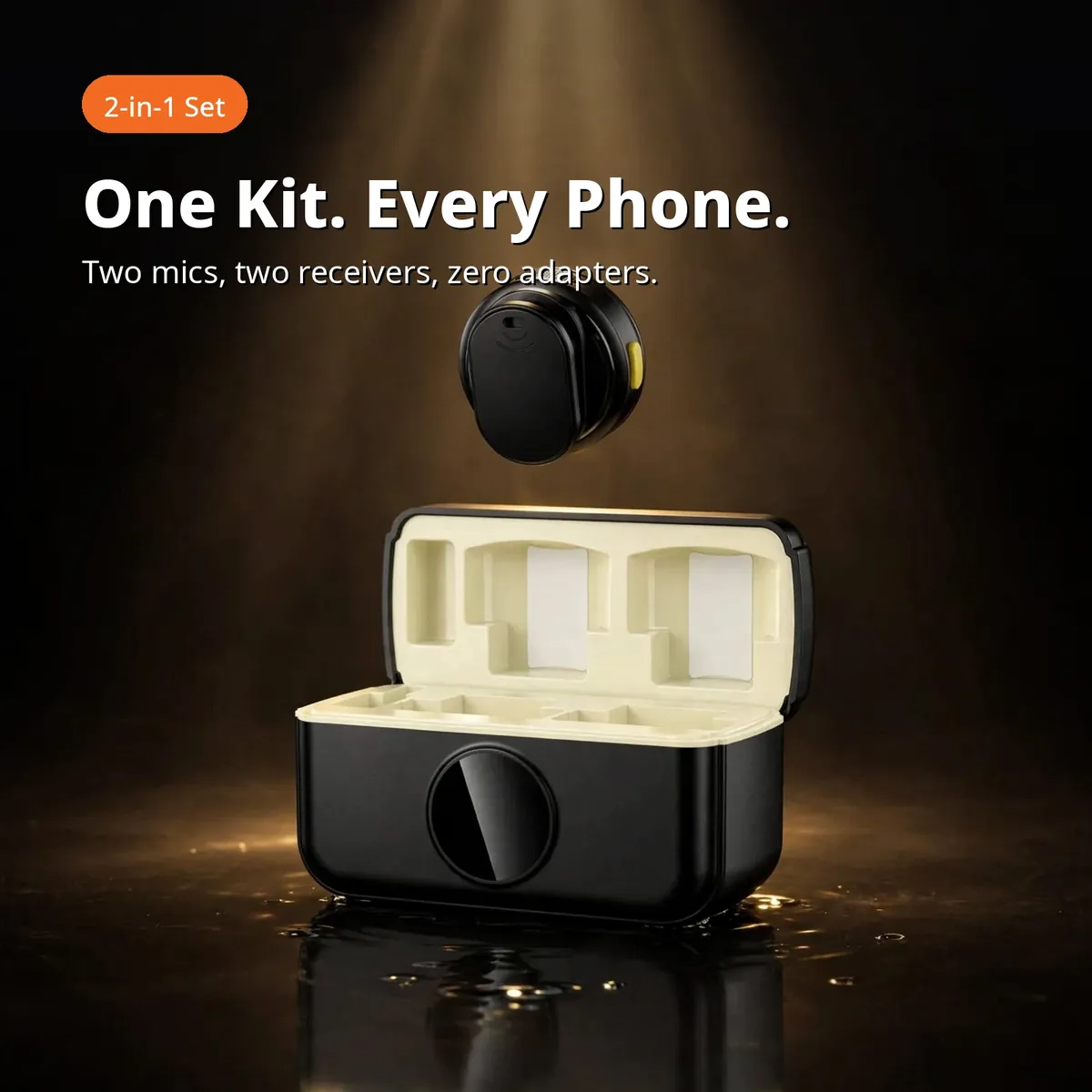 Hoco L22 promo hero showing the open charging case with a floating mic — One Kit Every Phone headline on dark backdrop