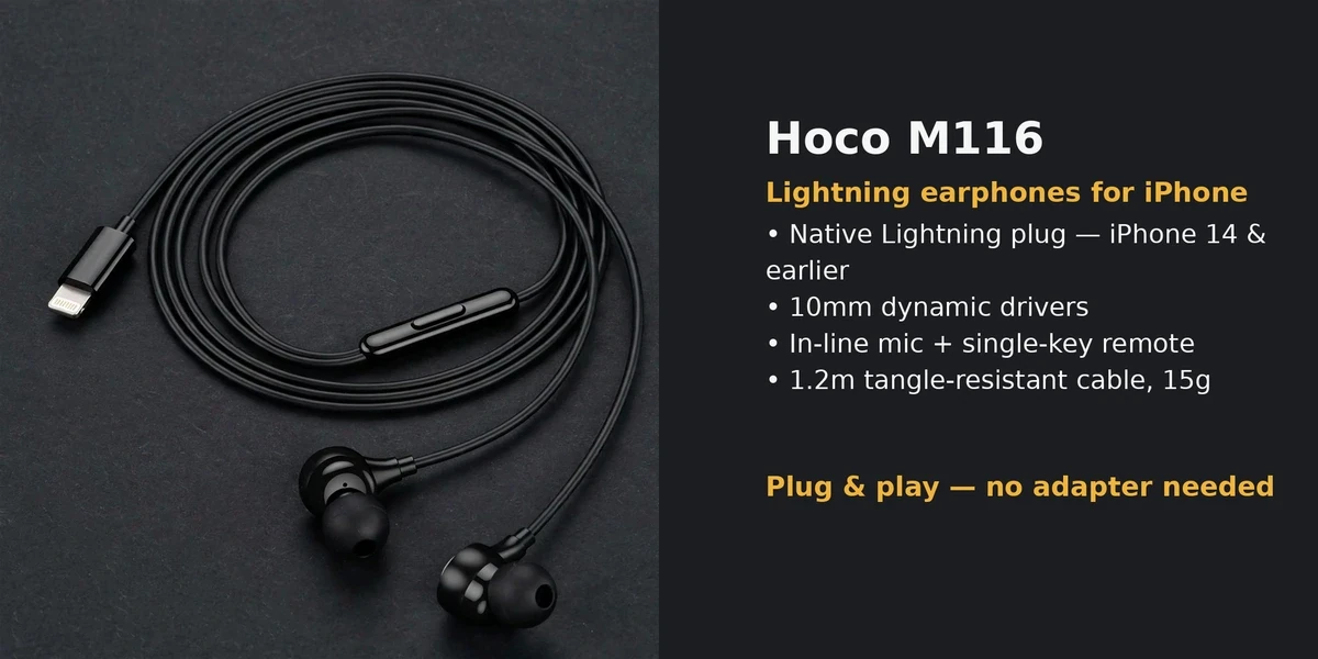 Hoco M116 feature card: Lightning earphones for iPhone, native Lightning plug for iPhone 14 and earlier, 10mm dynamic drivers, in-line mic and single-key remote, 1.2m tangle-resistant cable
