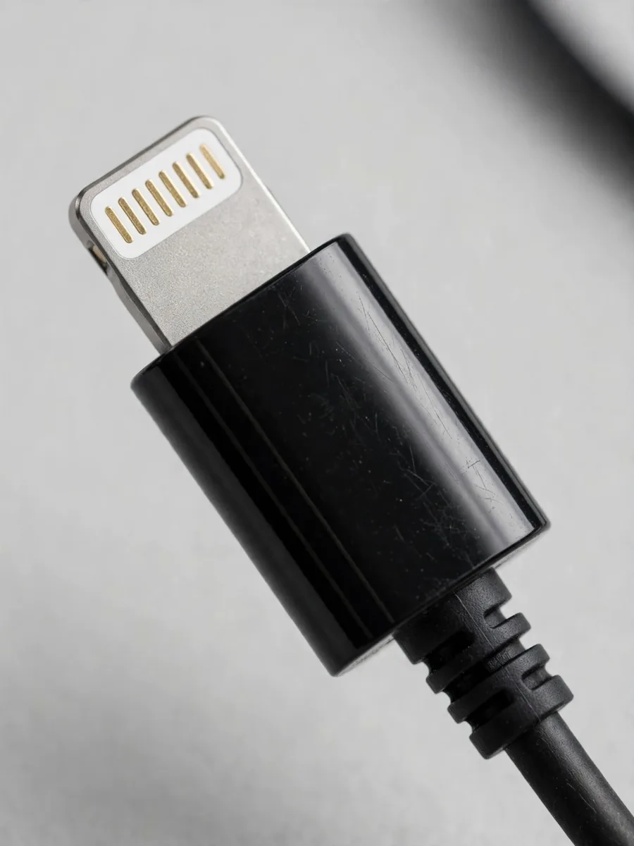 Close-up of the Hoco M116 Lightning plug with gold contacts