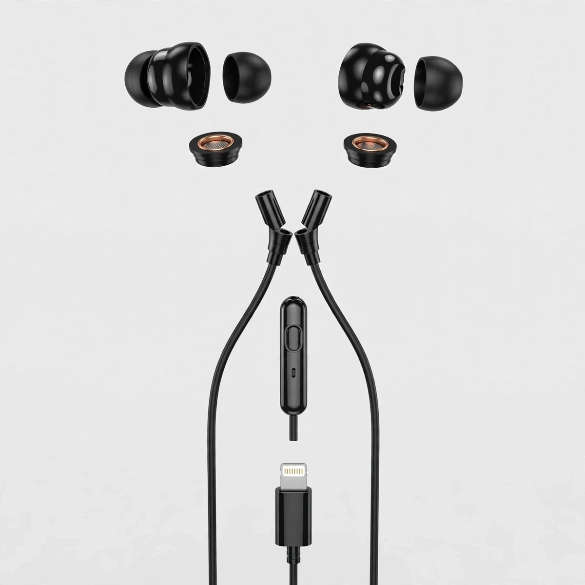 Illustrative exploded-view reconstruction of Hoco M116 components: earbud housings, silicone tips, driver units, cable, remote pod and Lightning plug — not an actual teardown