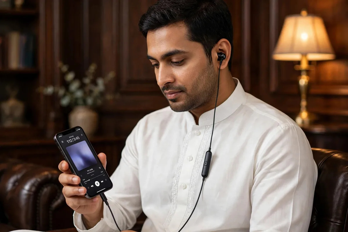 Young man wearing Hoco M116 wired earphones, earbud seated in ear, Lightning plug connected to his phone