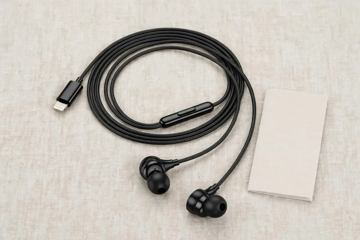 Hoco M116 earphones flat lay with user manual