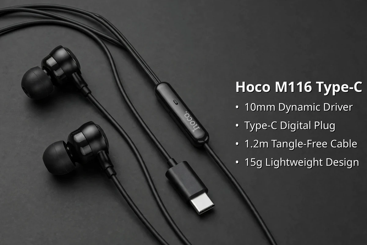 Hoco M116 Type-C feature card: 10mm dynamic driver, Type-C digital plug, 1.2m tangle-free cable, 15g lightweight design