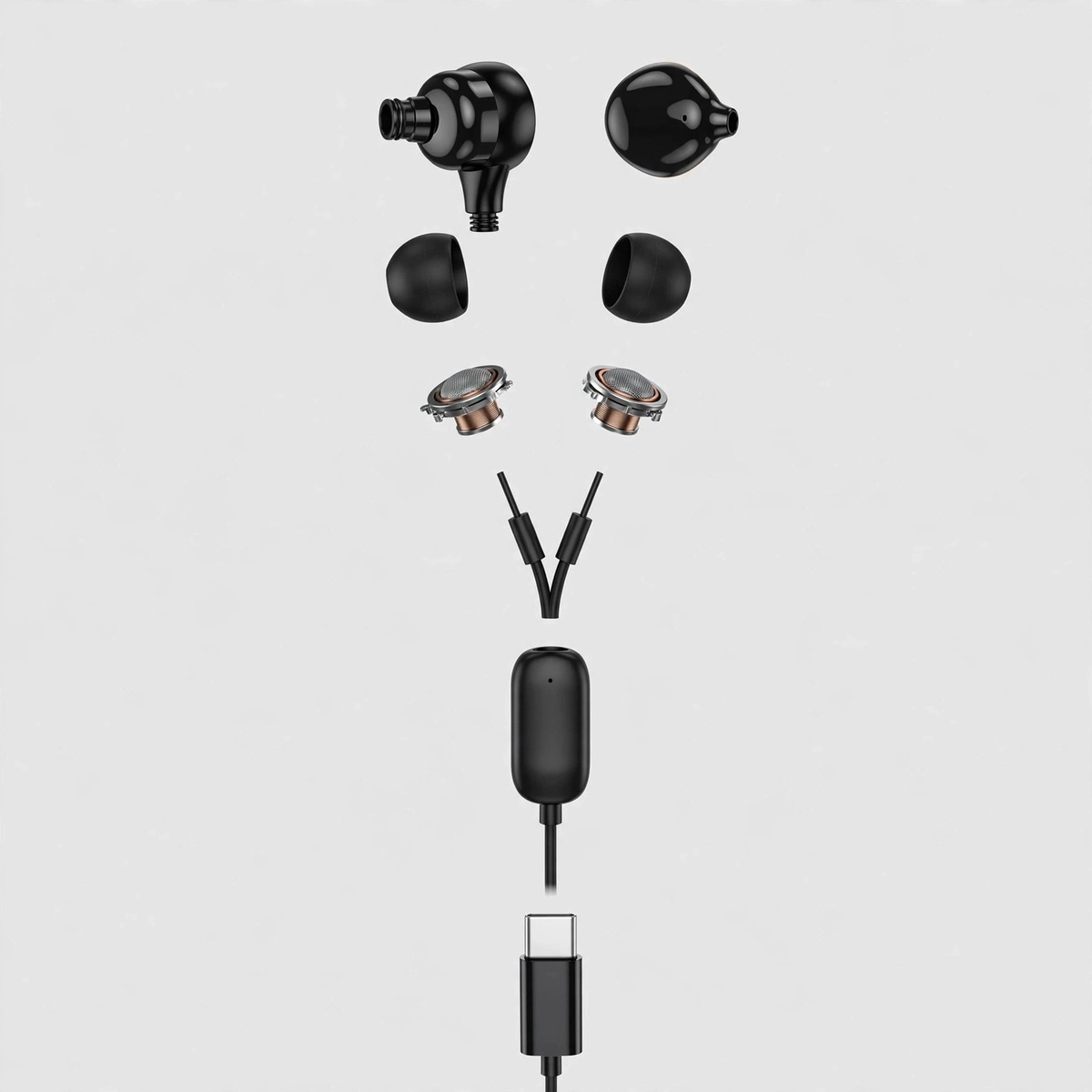 Illustrative exploded-view reconstruction of Hoco M116 Type-C components: earbud housings, silicone tips, driver units, cable, remote pod and Type-C plug — not an actual teardown