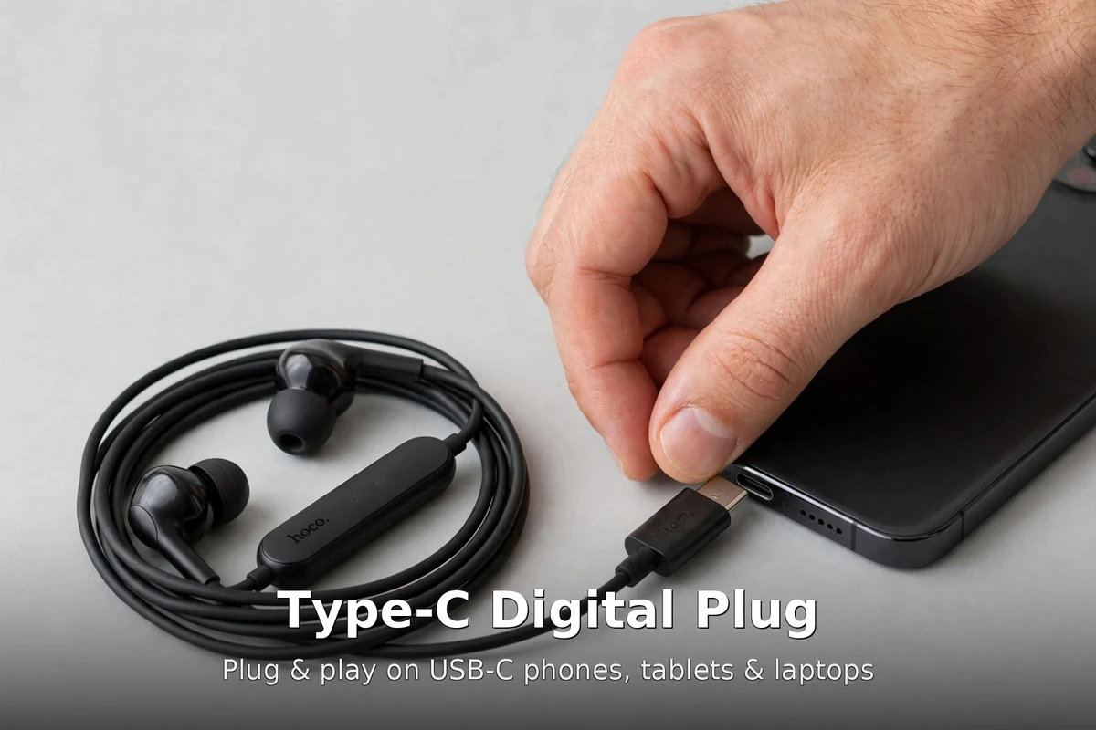 Hand inserting the Hoco M116 Type-C plug into a phone's USB-C port — plug and play on USB-C phones, tablets and laptops