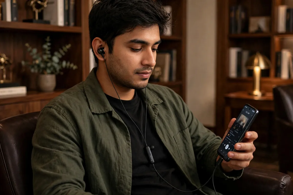 Young Bangladeshi man wearing black Hoco M116 Type-C earphones, earbud seated in ear, Type-C plug connected to his phone