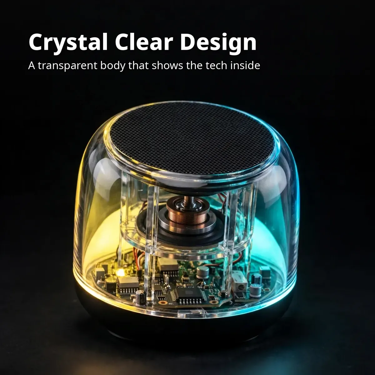 Hoco MMJ05 crystal card showing the transparent crystal speaker body with rim light on dark studio backdrop