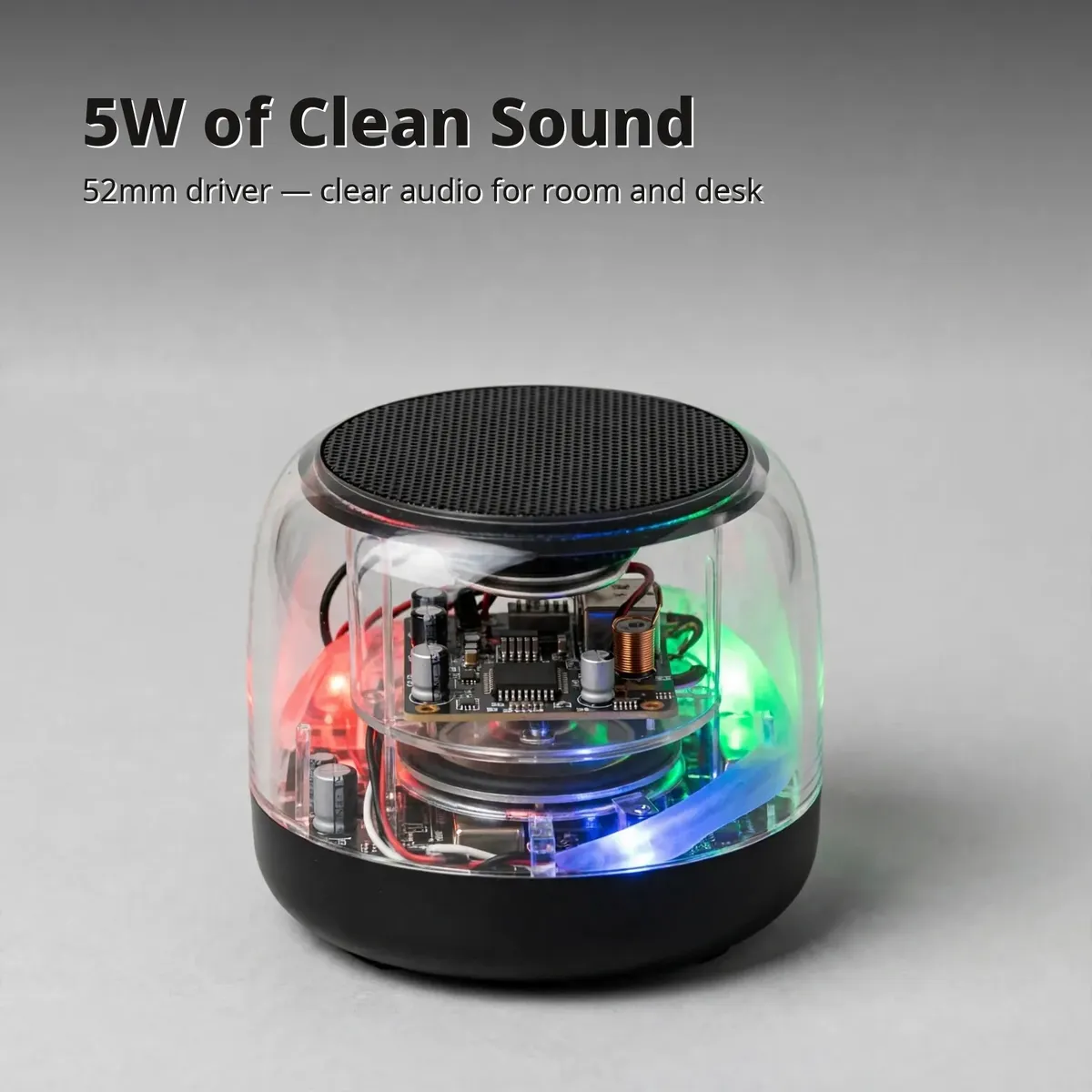 Hoco MMJ05 sound card showing 5W of clean sound with 52mm driver on light studio backdrop