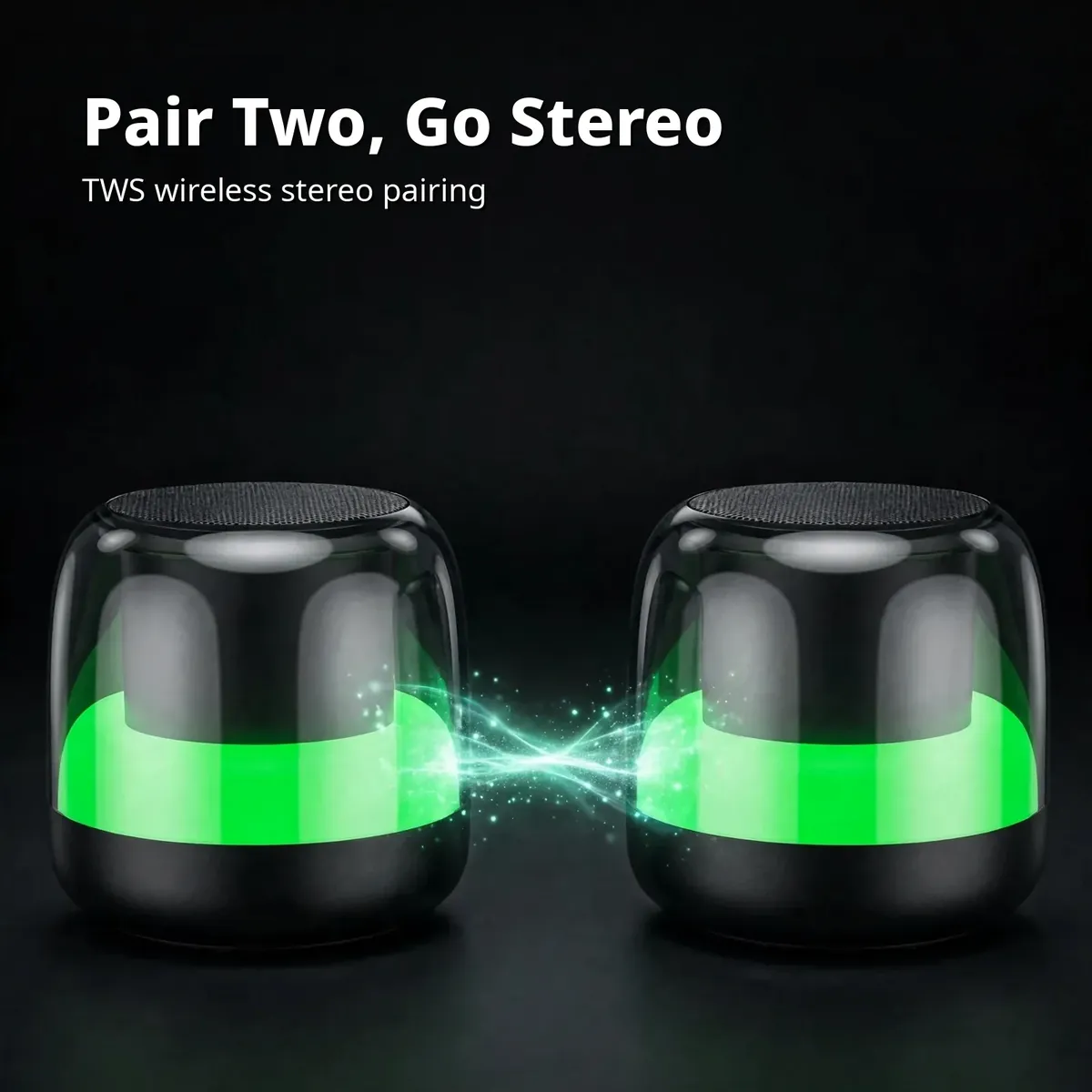 Hoco MMJ05 TWS card showing two crystal speakers paired wirelessly on dark studio backdrop