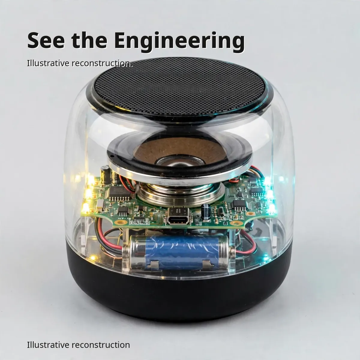 Hoco MMJ05 transparency infographic showing the clear shell revealing internal components