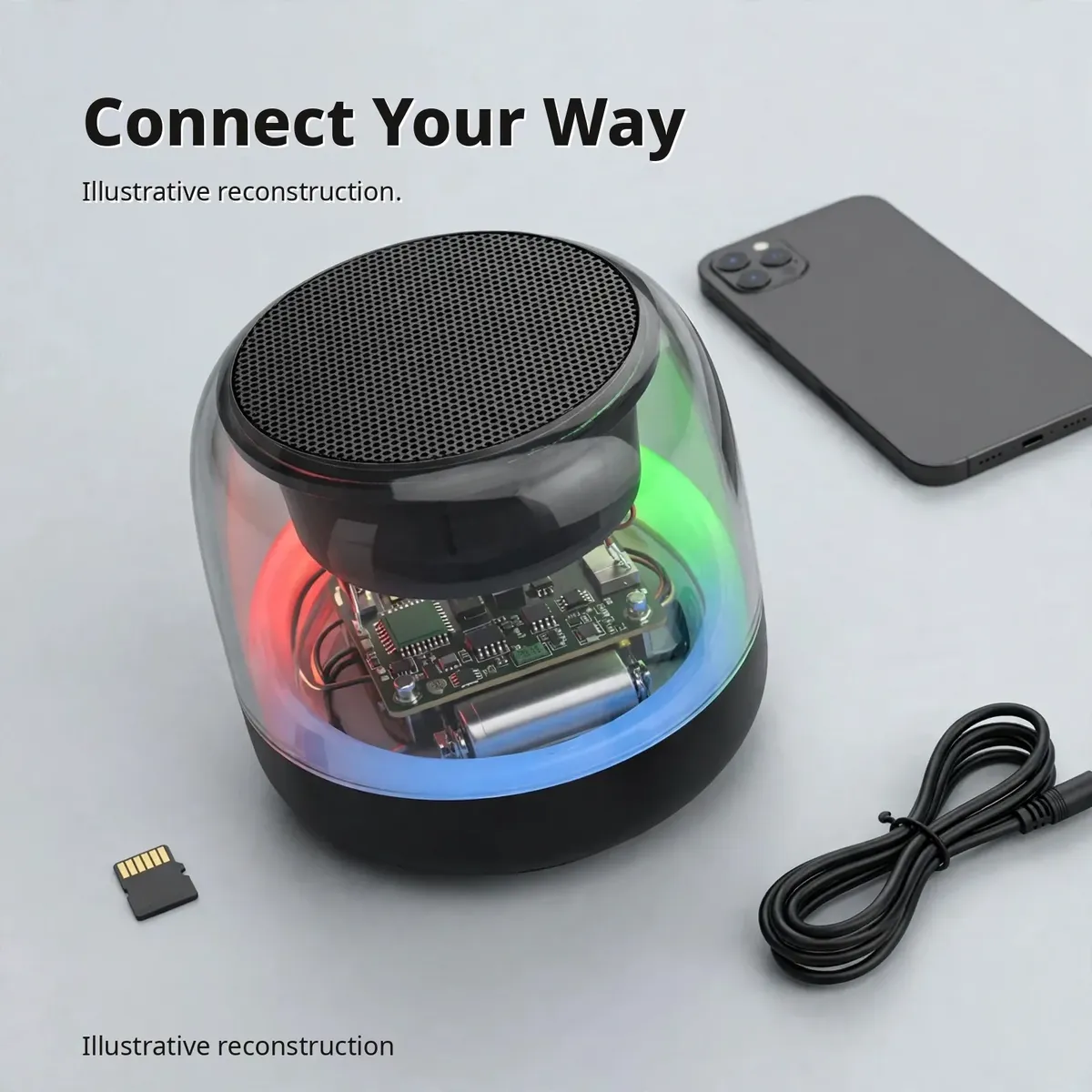 Hoco MMJ05 inputs infographic showing Bluetooth, TF card, U-disk and AUX playback options