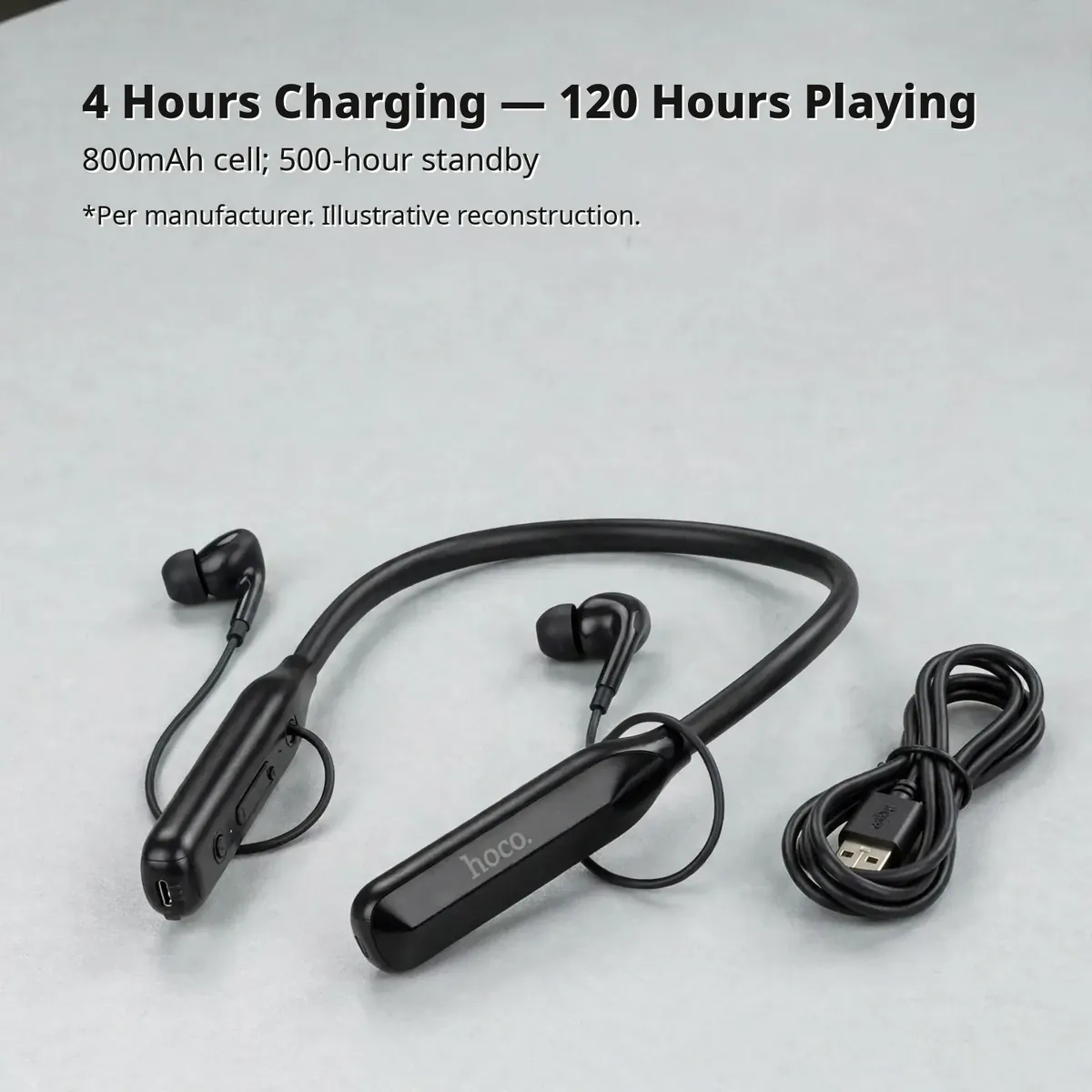 Hoco MMJ-09 charging infographic — 4 Hours Charging, 120 Hours Playing. 800mAh cell; 500-hour standby. Per manufacturer, illustrative reconstruction.