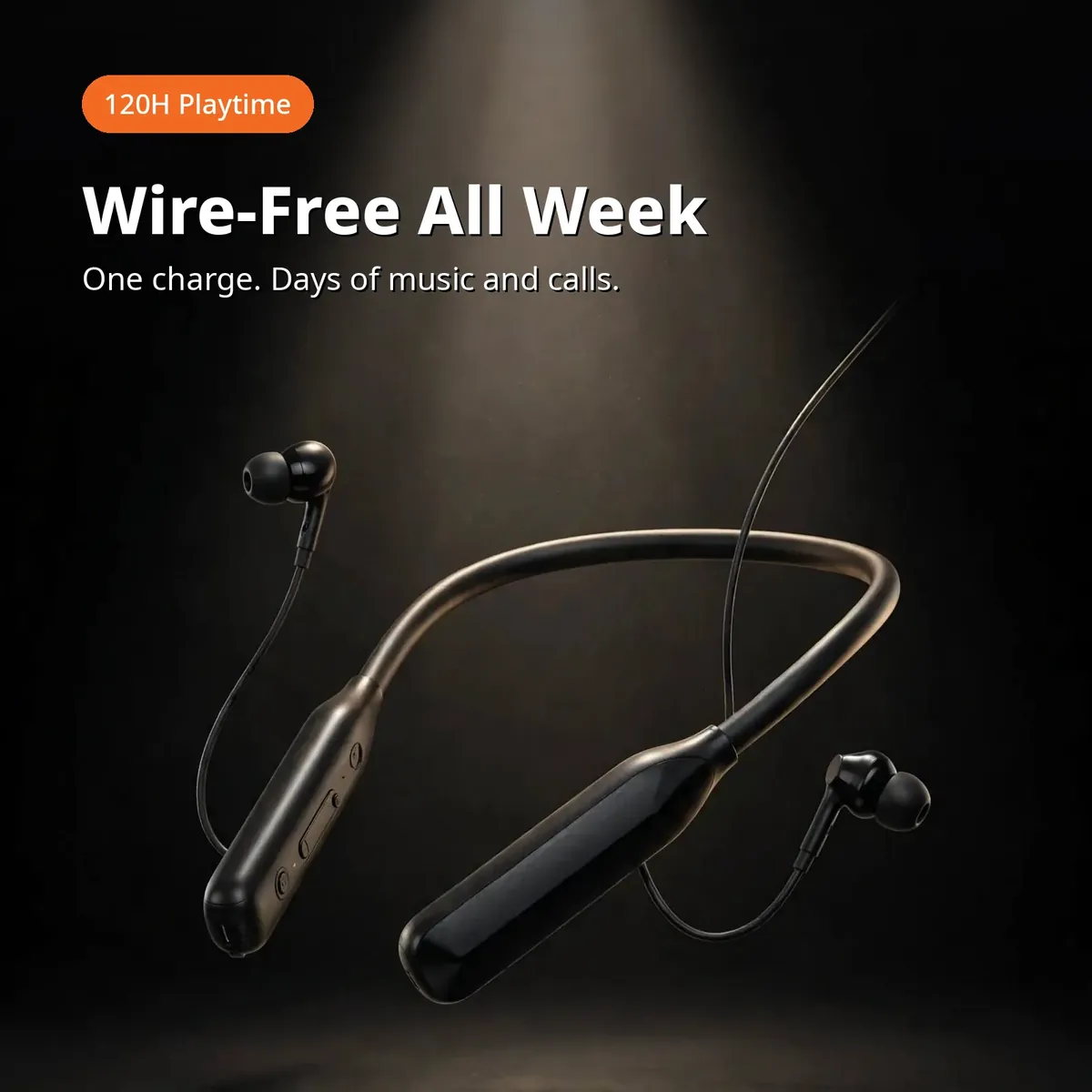 Hoco MMJ-09 endurance promo — Wire-Free All Week. 120h Playtime chip; one charge, days of music and calls.