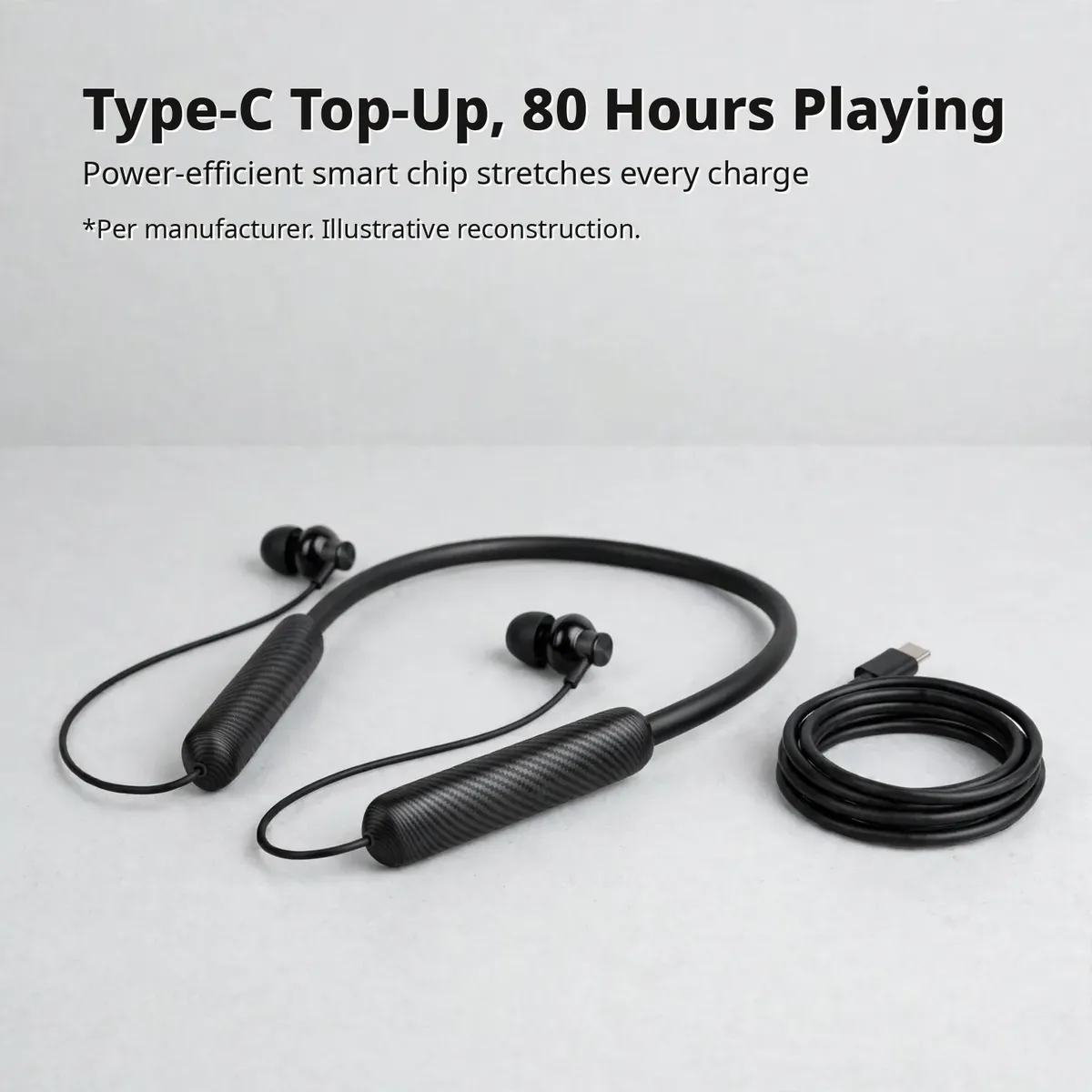 Hoco MMJ-18 charging infographic — Type-C Top-Up, 80 Hours Playing. Power-efficient smart chip stretches every charge. Per manufacturer, illustrative reconstruction.