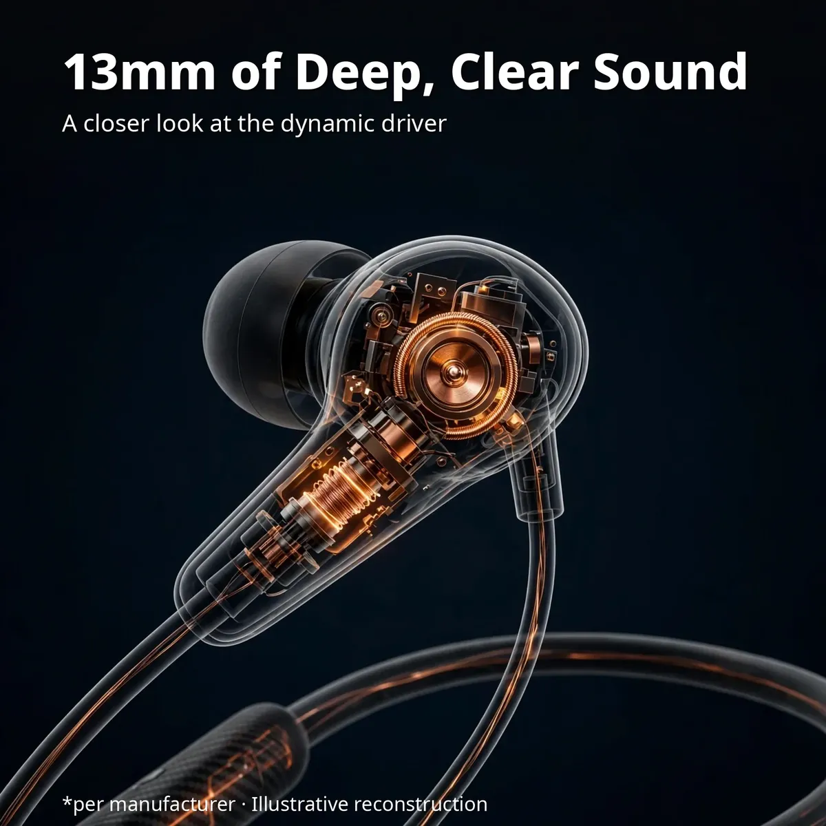 Hoco MMJ-18 driver x-ray close-up — 13mm of Deep, Clear Sound. A closer look at the dynamic driver. Per manufacturer, illustrative reconstruction.