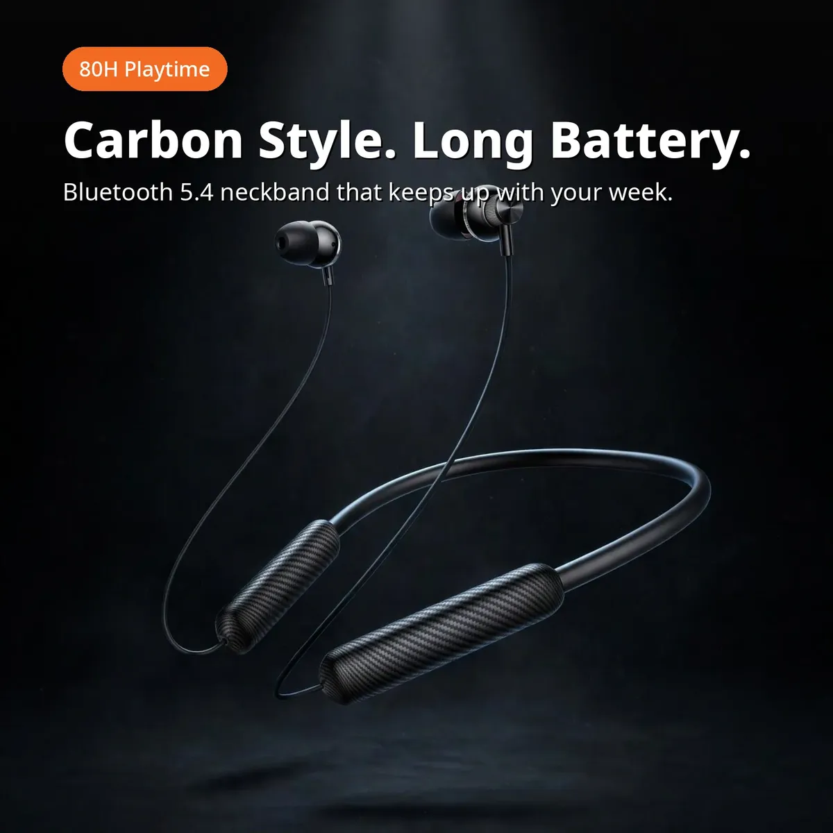 Hoco MMJ-18 promo hero — Carbon Style. Long Battery. 80H Playtime chip; Bluetooth 5.4 neckband that keeps up with your week.