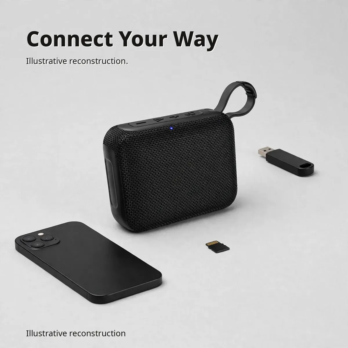 Illustrative flat-lay of the Hoco MMJ07 with phone, USB drive and TF card showing its input options