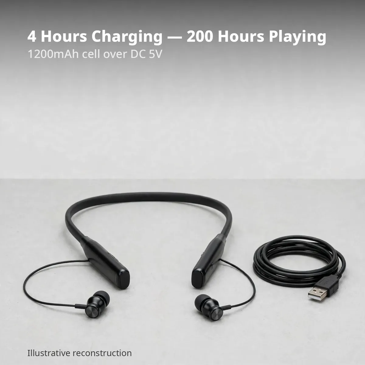 Hoco MMJ19 charging infographic — 4 Hours Charging, 200 Hours Playing. 1200mAh cell over DC 5V. Illustrative reconstruction.