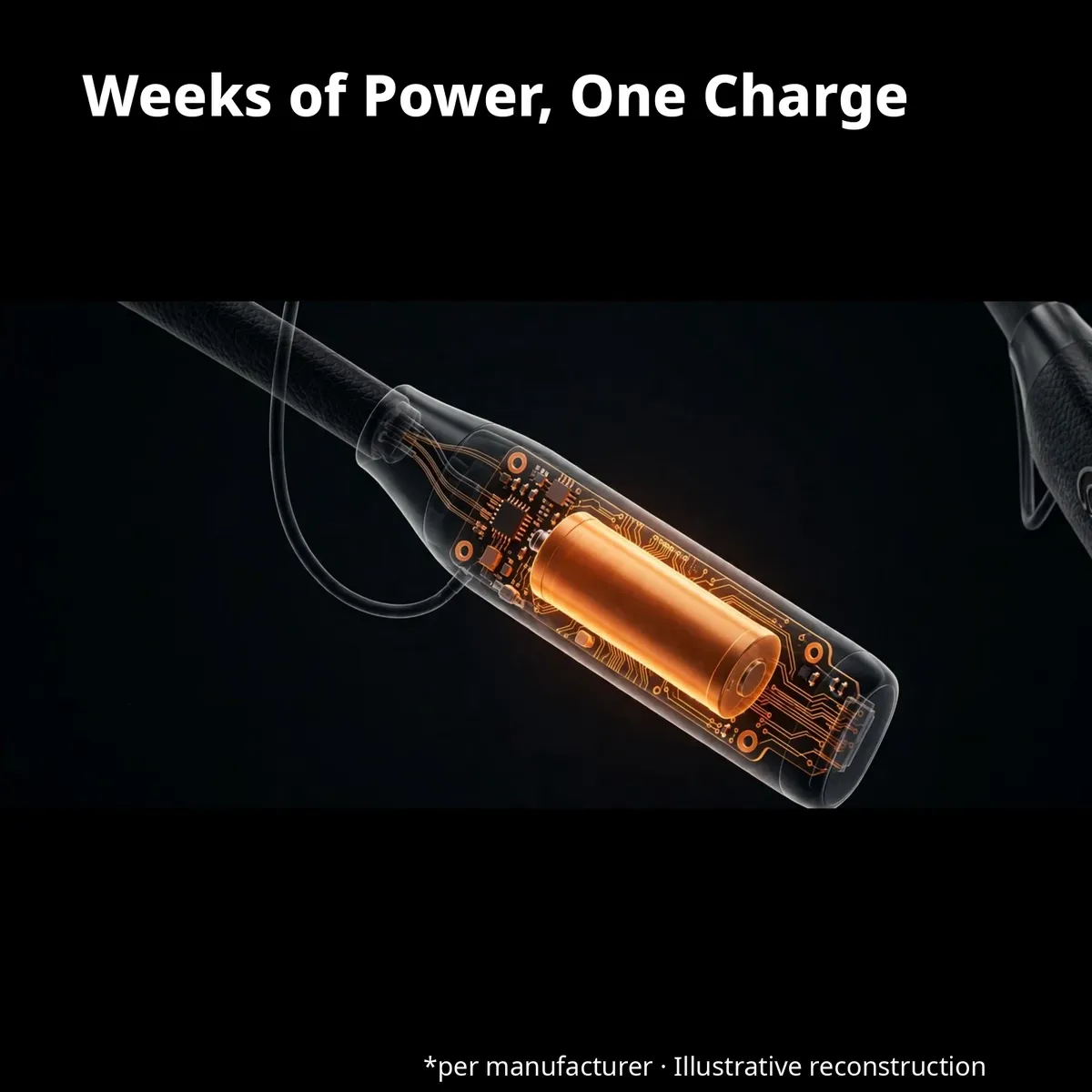 Hoco MMJ19 battery x-ray close-up — Weeks of Power, One Charge. Cutaway of the glowing 1200mAh battery cell. Per manufacturer, illustrative reconstruction.
