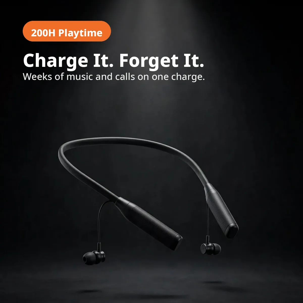 Hoco MMJ19 promo hero — Charge It. Forget It. 200H Playtime chip; weeks of music and calls on one charge.