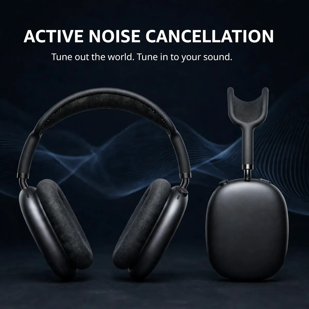 Hoco W65 Plus feature card on a dark navy backdrop — Active Noise Cancellation. Tune out the world. Tune in to your sound.