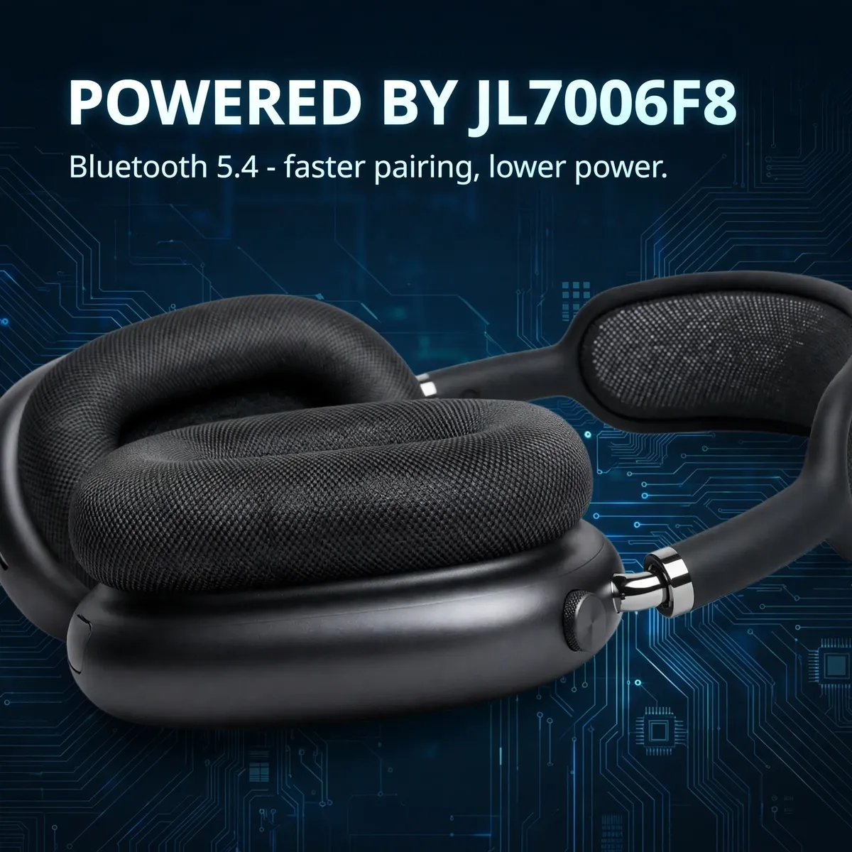 Hoco W65 Plus chip card close-up — Powered by JL7006F8. Bluetooth 5.4, faster pairing, lower power.