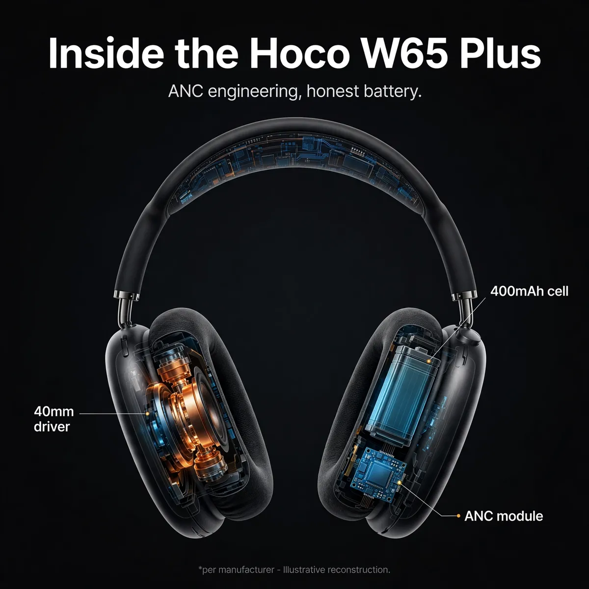 Hoco W65 Plus x-ray cutaway with leader-line callouts — Inside the Hoco W65 Plus: 40mm driver, 400mAh cell, ANC module. Illustrative reconstruction.
