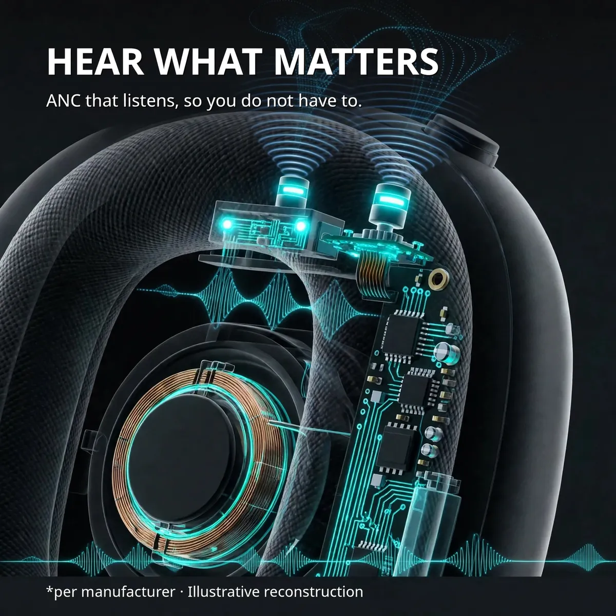 Hoco W65 Plus ANC module x-ray close-up — Hear What Matters. Illustrative reconstruction.