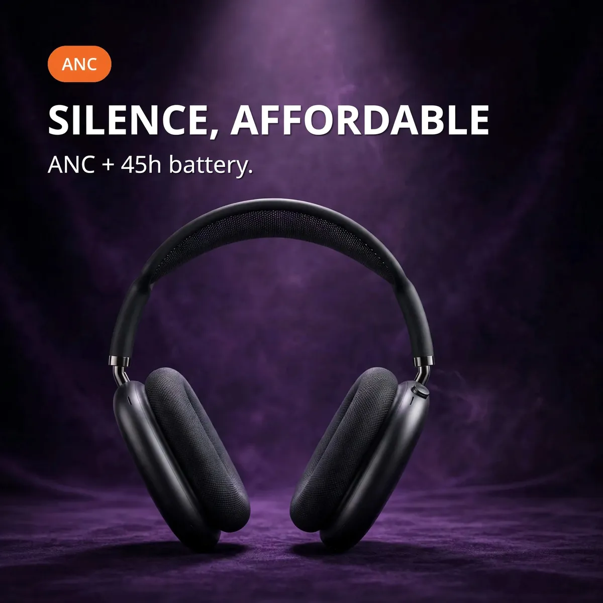Hoco W65 Plus promo hero on dark purple — Silence, Affordable. ANC plus 45h battery.