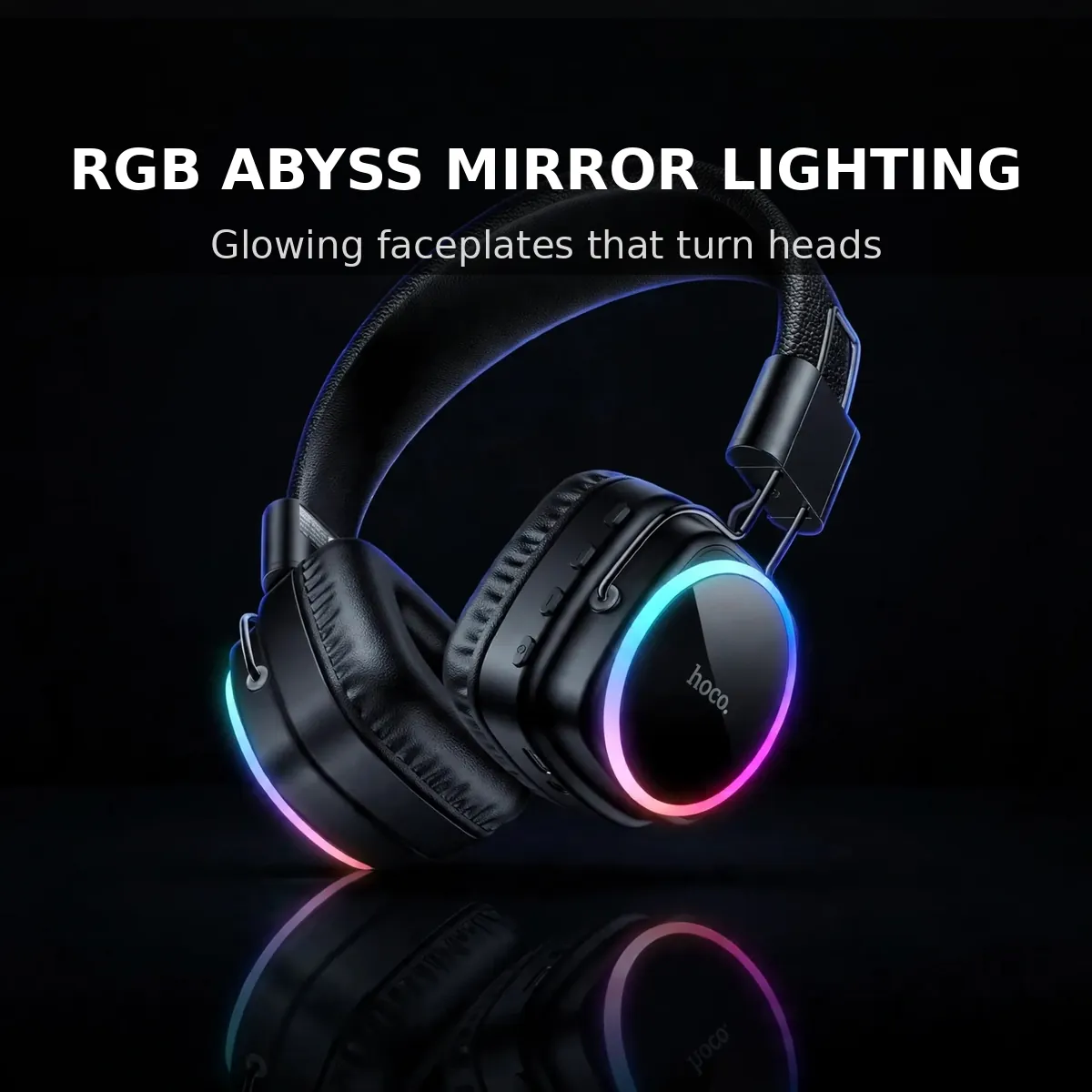 Hoco W72 feature card showing the black wireless headphones on a dark backdrop — RGB Abyss Mirror Lighting. Glowing faceplates that turn heads.