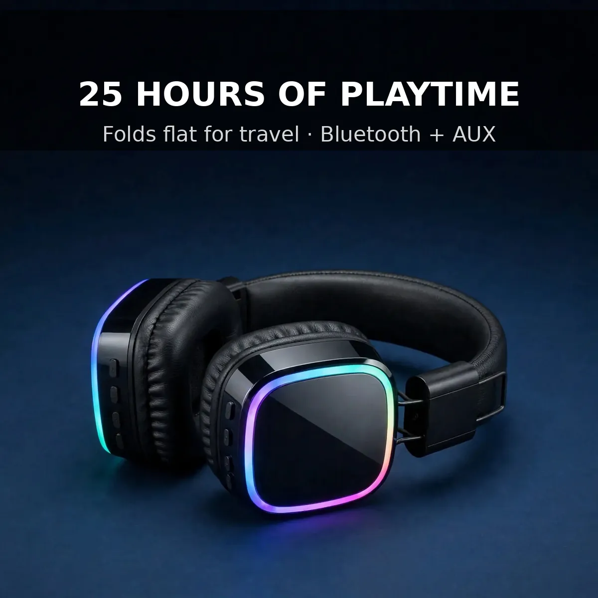 Hoco W72 battery card on a dark-blue backdrop — 25 Hours of Playtime. Folds flat for travel, Bluetooth + AUX.