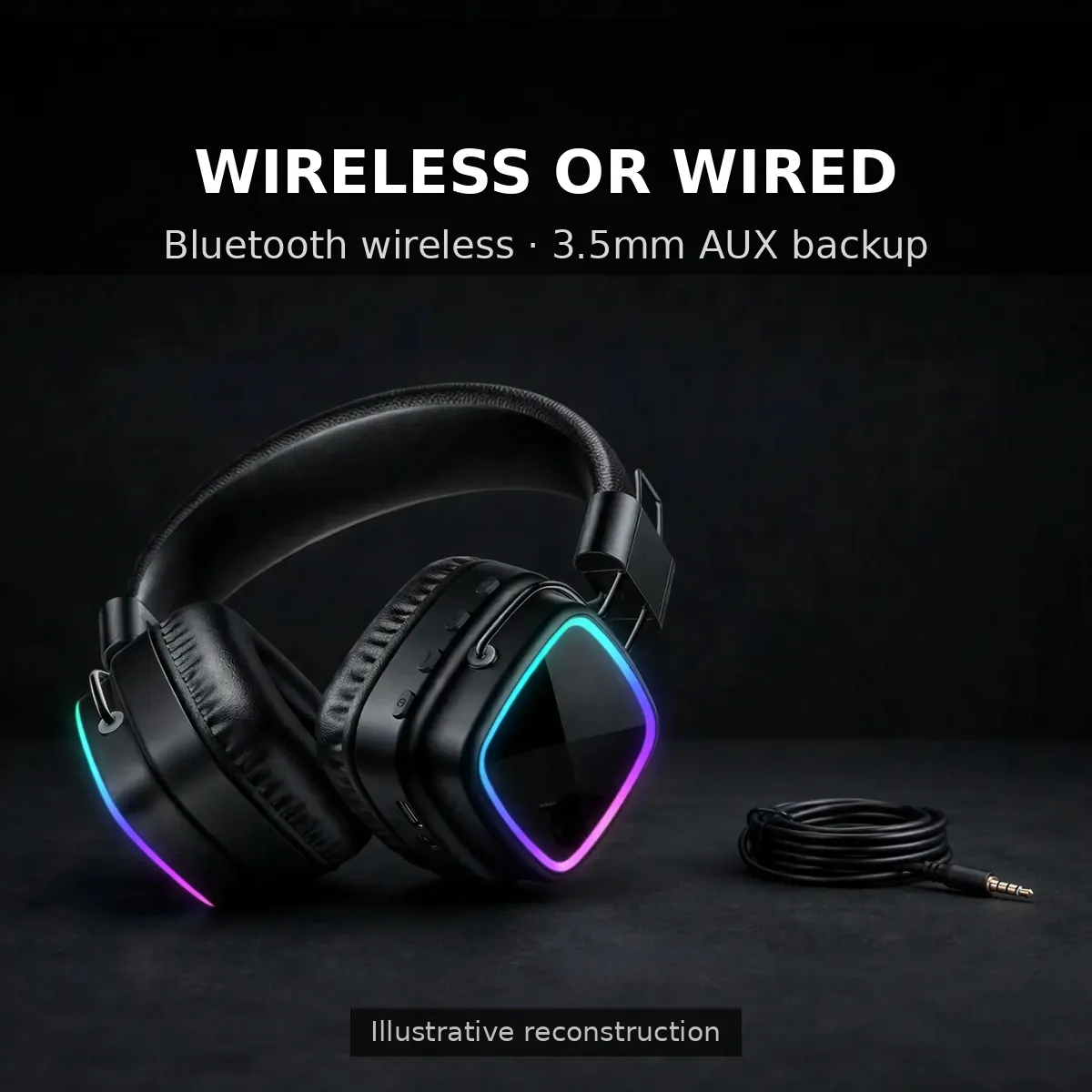 Hoco W72 dual-mode infographic with the headphones and an AUX cable — Wireless or Wired. Bluetooth wireless, 3.5mm AUX backup. Illustrative reconstruction.