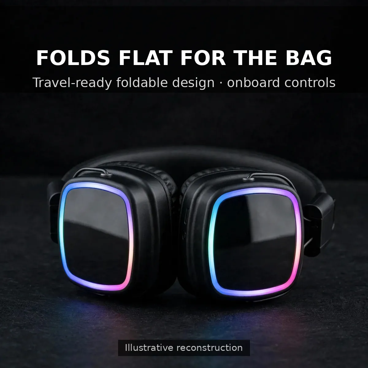 Hoco W72 fold-flat infographic — Folds Flat for the Bag. Travel-ready foldable design, onboard controls. Illustrative reconstruction.