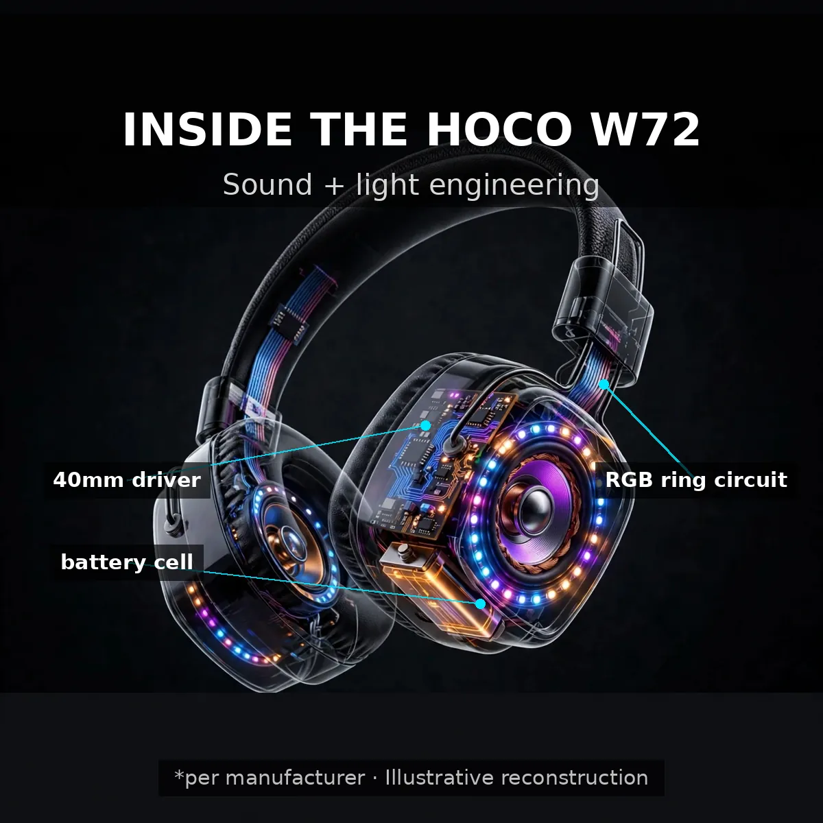Hoco W72 x-ray cutaway with leader-line callouts — Inside the Hoco W72. Sound + light engineering: 40mm driver, battery cell, RGB ring circuit. Illustrative reconstruction.