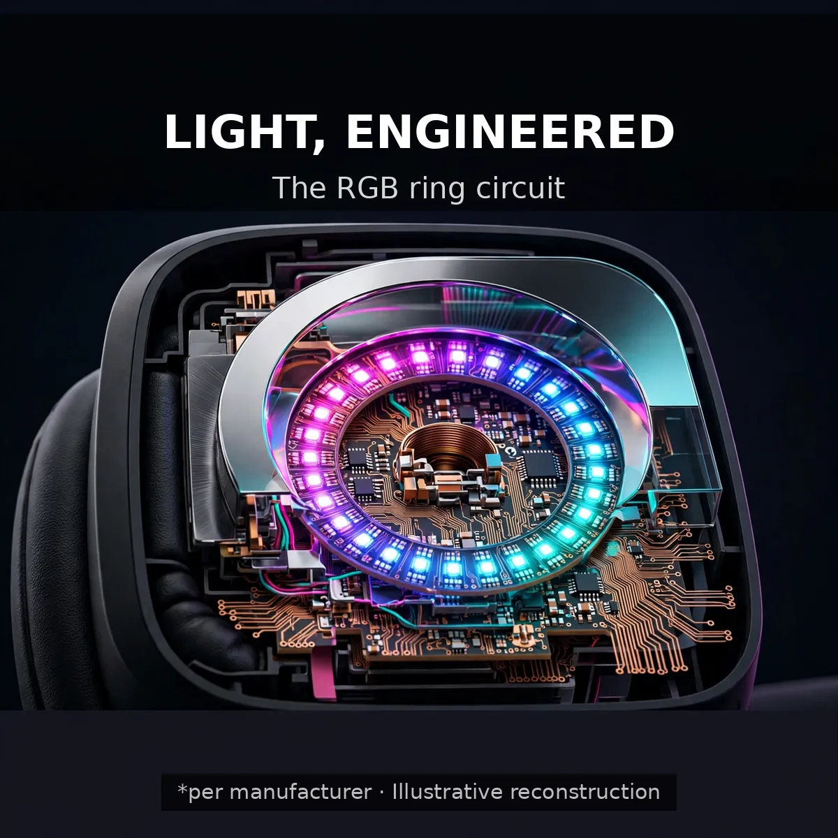 Hoco W72 RGB ring circuit x-ray close-up — Light, Engineered. The RGB ring circuit. Illustrative reconstruction.