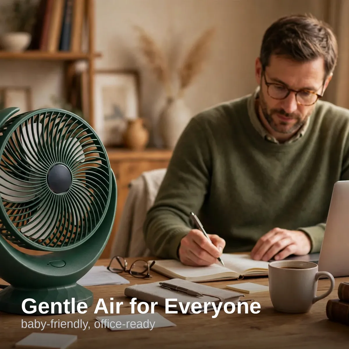 Indiana IRF-881B desktop fan cooling a home office desk