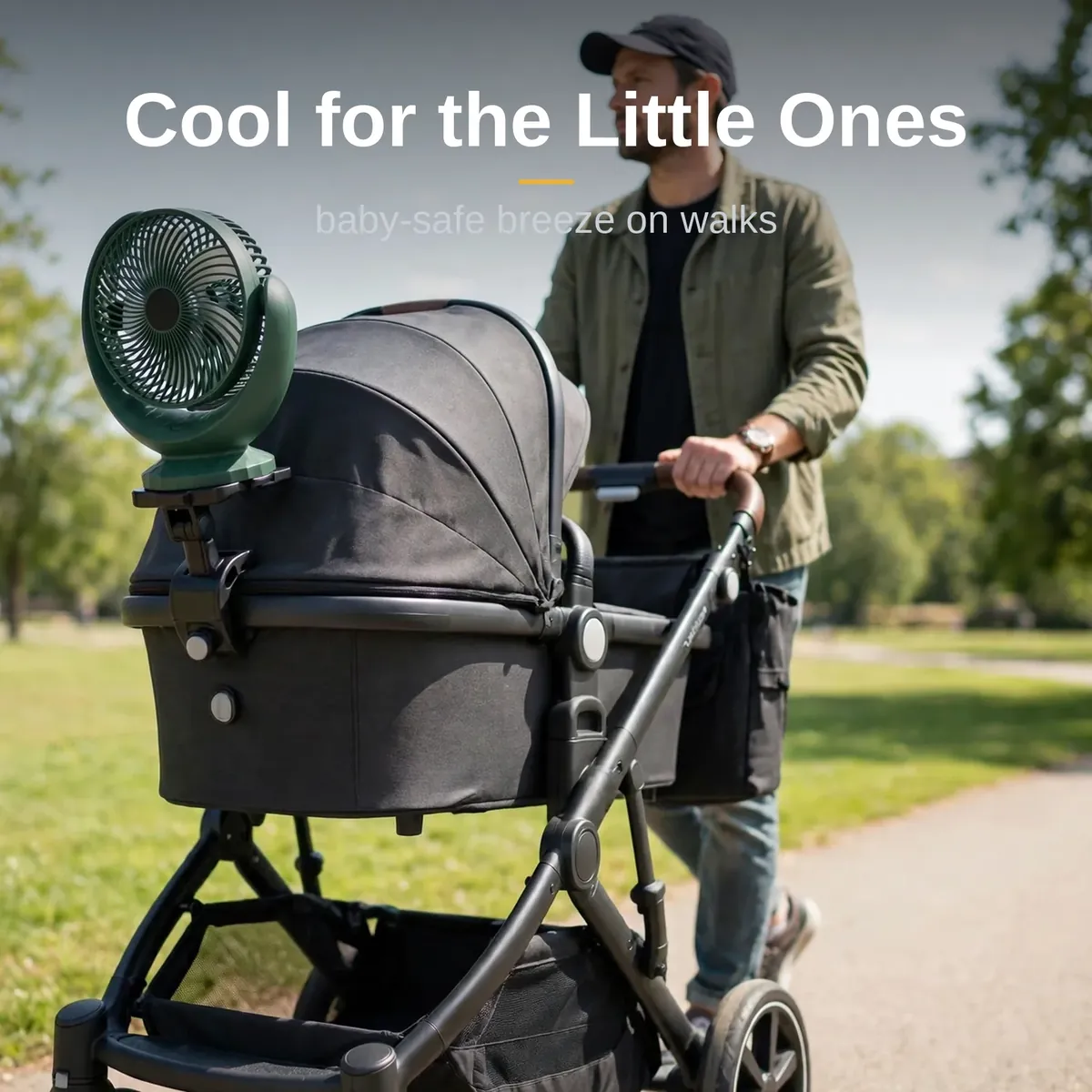 Indiana IRF-881B clipped to a stroller for baby-safe breeze