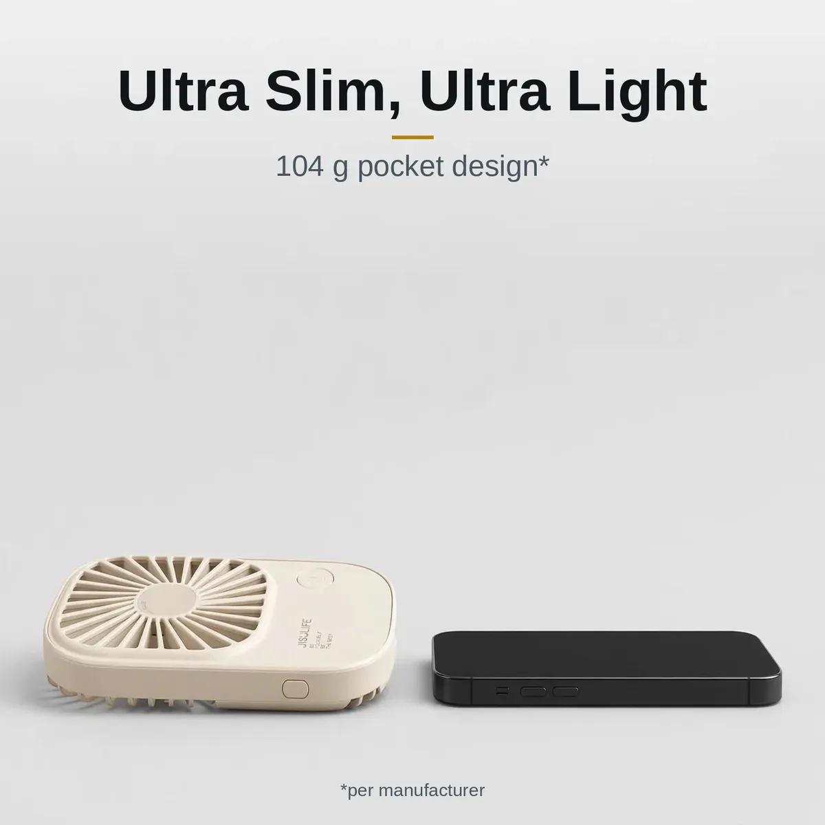 JISULIFE FA49 ultra-slim 104 gram pocket design shown beside a smartphone