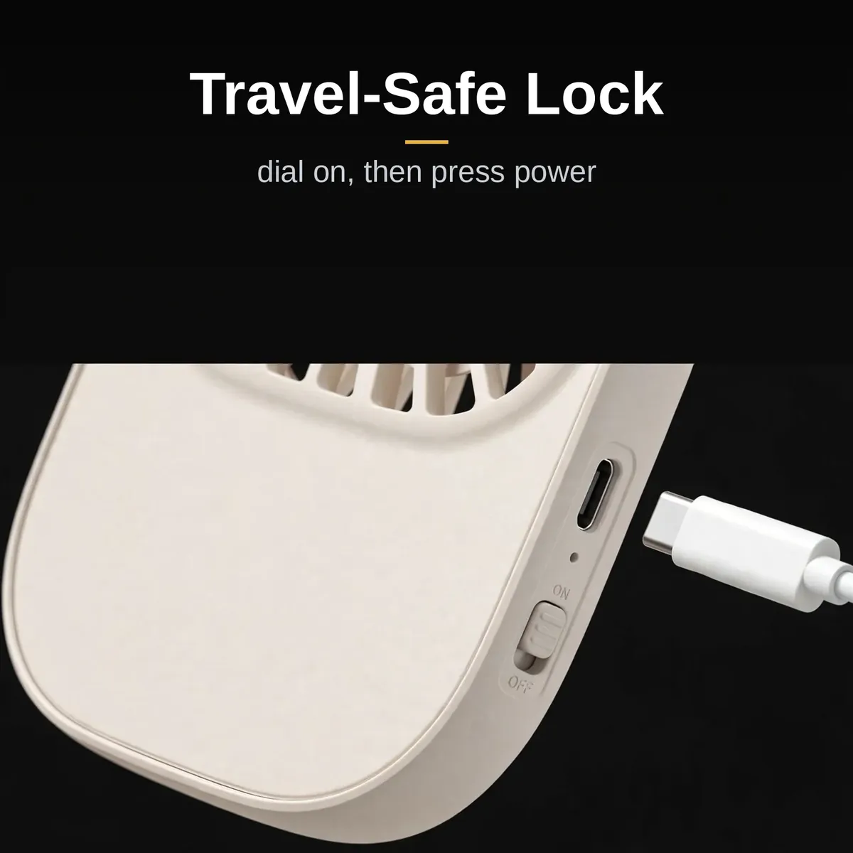 JISULIFE FA49 travel-safe lock dial and USB-C charging port close-up