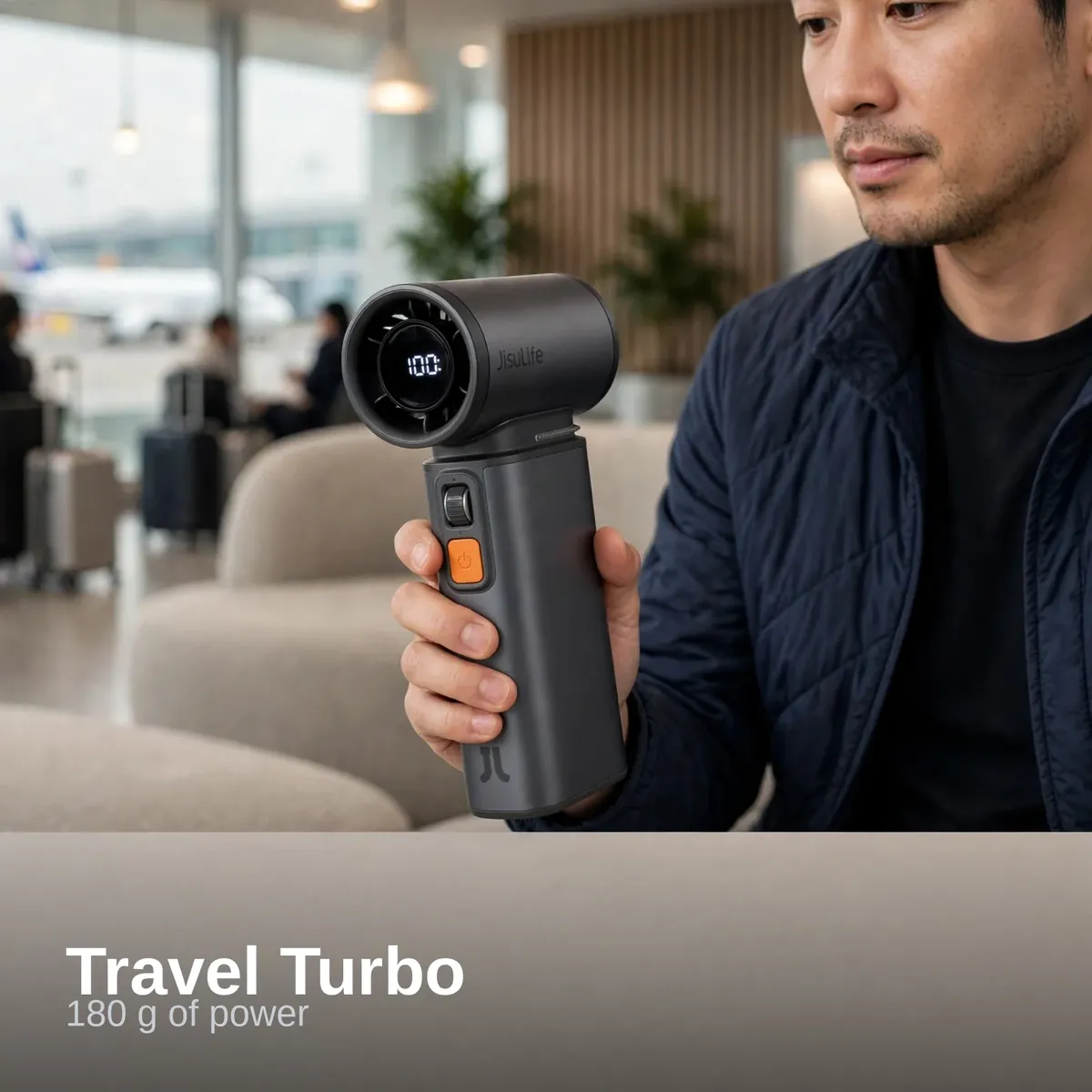 JISULIFE Ultra1 travel turbo fan at airport