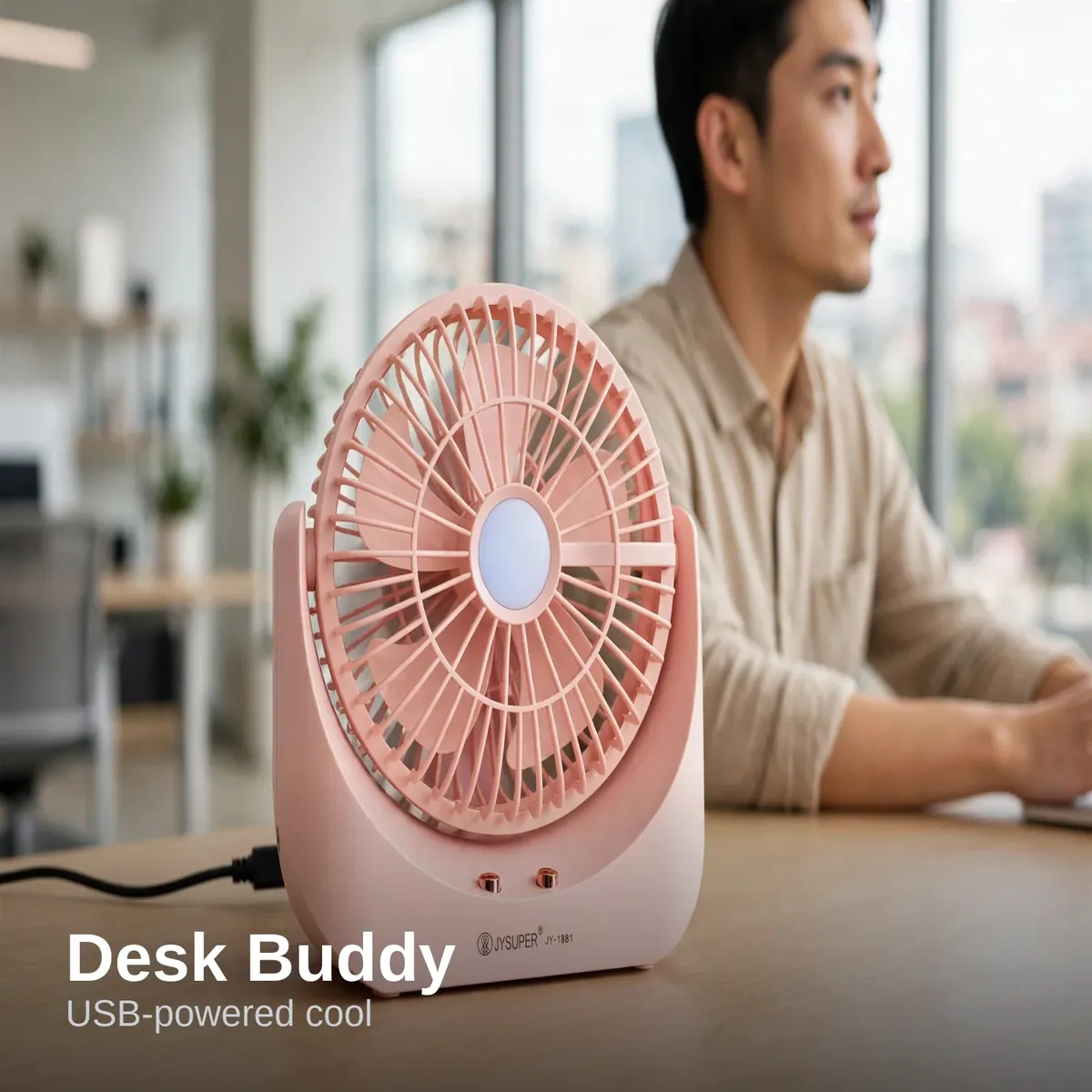 JYSUPER JY-1881 mini fan on an office desk