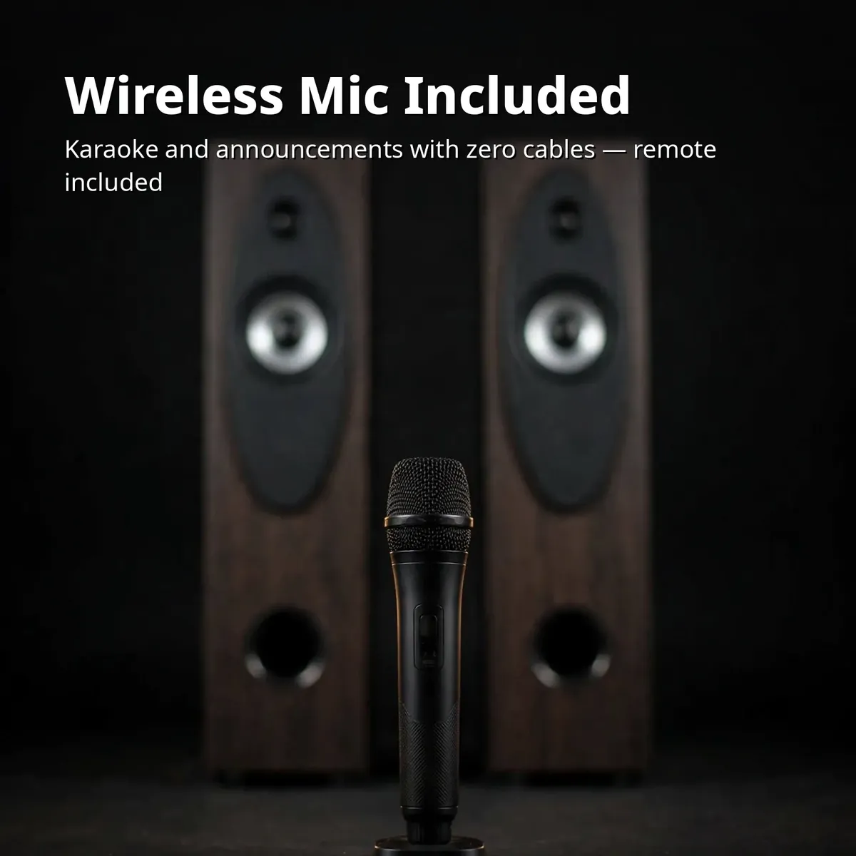 Kamasonic T30X mic card showing the included wireless microphone with towers behind
