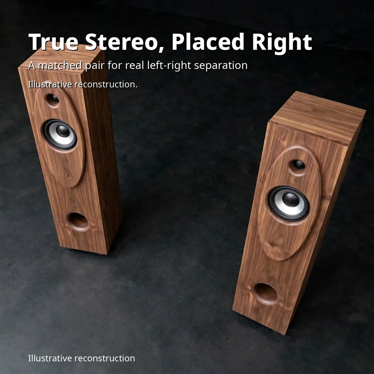 Illustrative top-down stereo placement diagram for the Kamasonic T30X tower pair