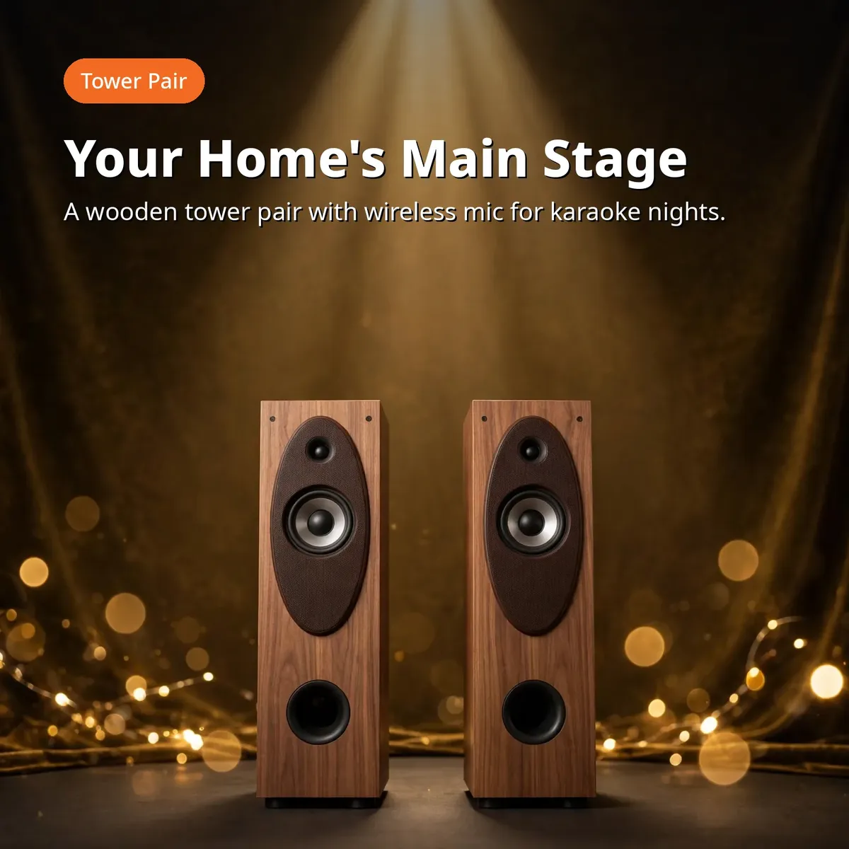 Kamasonic T30X promo shot of the wooden tower pair on dark-gold stage backdrop with Tower Pair badge