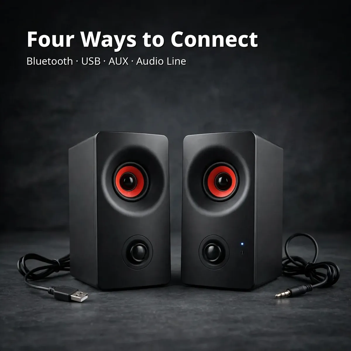 Kisonli AC-9002BT connectivity card showing the speaker pair with USB and AUX cables — Four Ways to Connect on a dark slate backdrop