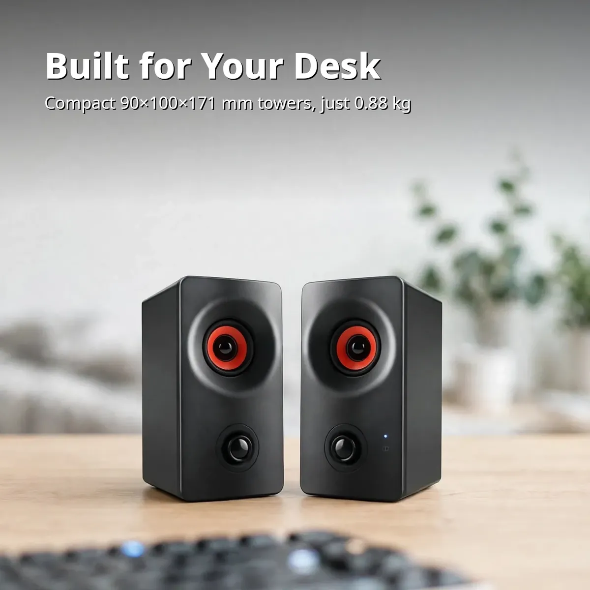 Kisonli AC-9002BT desk-fit card showing the compact tower pair on a desk — Built for Your Desk headline