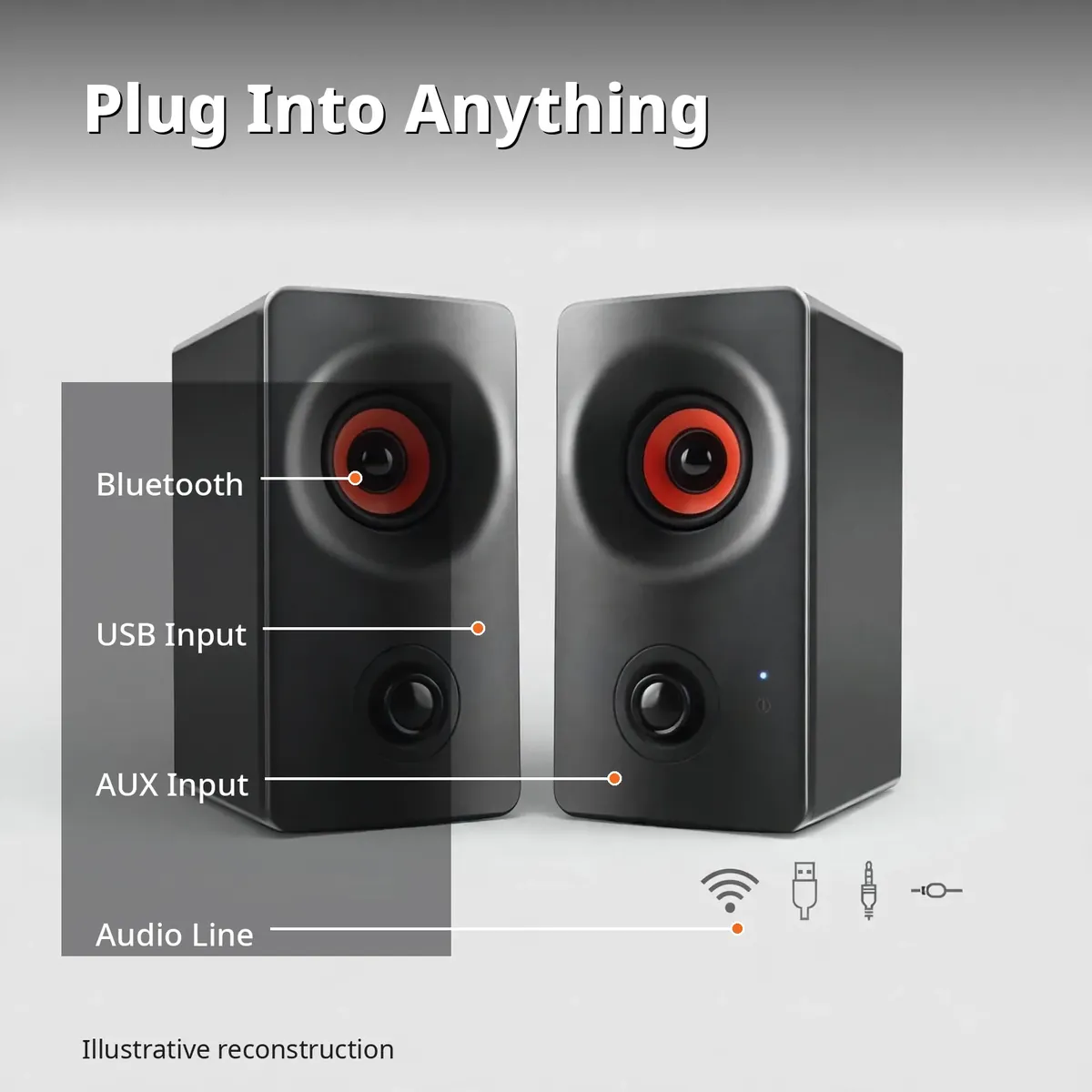 Kisonli AC-9002BT connectivity map infographic showing the pair with callouts for Bluetooth, USB input, AUX input and audio line
