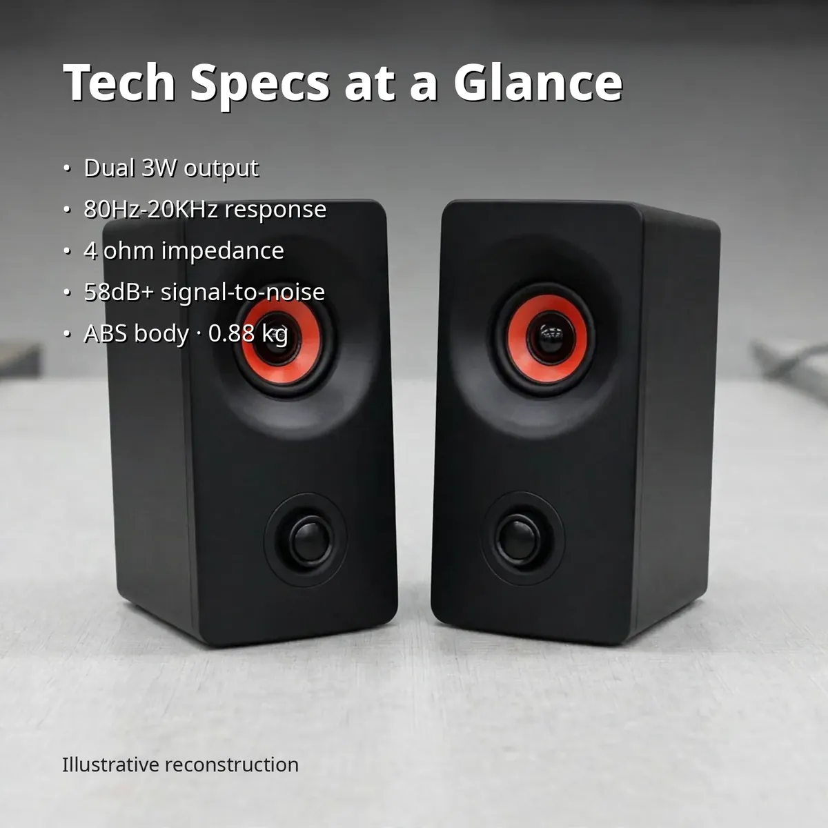 Kisonli AC-9002BT tech specs card listing dual 3W output, 80Hz-20KHz response, 4 ohm impedance, 58dB+ SNR and ABS body